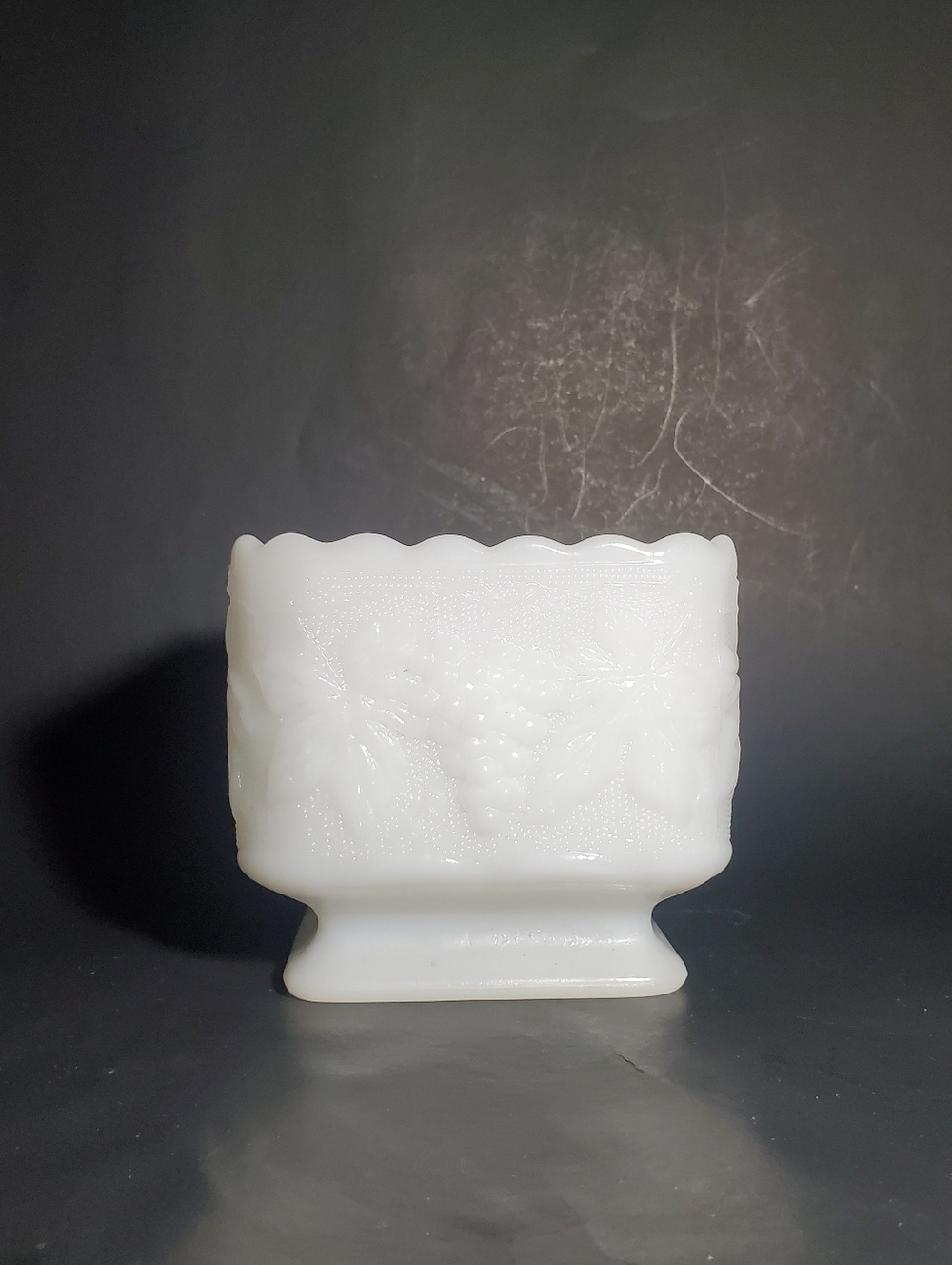 Vintage Anchor Hocking Milk Glass Harvest Grape Square Footed Trinket Bowl Vase
